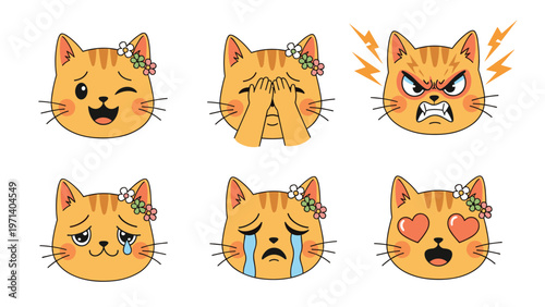 Set of six cute orange cat head icons showing different facial expressions and emotions like happy, sad, angry, and love for stickers.