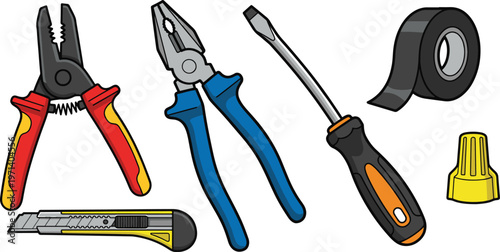 A set of tools including pliers, screwdriver, tape, and cutter on a surface.