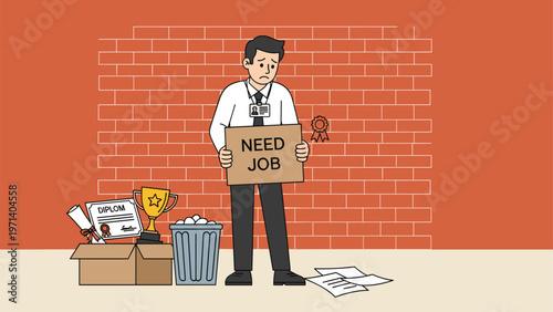 Sad unemployed man in business attire holding a need job sign standing next to a box of his personal belongings against a brick wall.