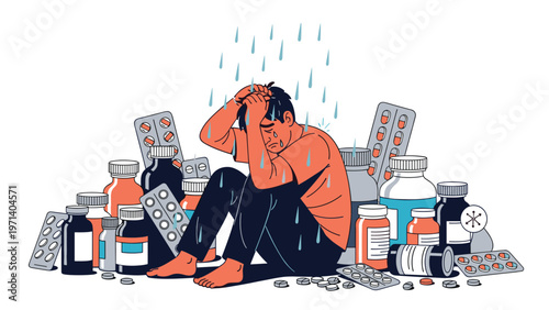 Depressed man sitting on the floor surrounded by many bottles of medication while it rains on him to represent mental health issues.