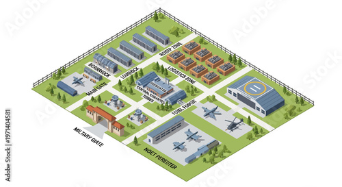 Overhead isometric vector illustration depicting a detailed military base with various buildings and infrastructure, set against a simple background in a clean, organized style, exhibiting