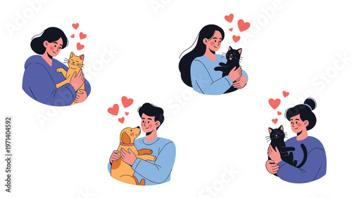 Collection of people hugging their pet cats and dogs with heart symbols to represent the strong bond and love between owners and animals.