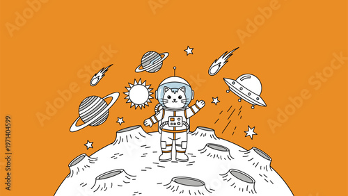 Cute white cat wearing a spacesuit standing on the moon with various planets, stars, and a flying saucer in the bright orange night sky.