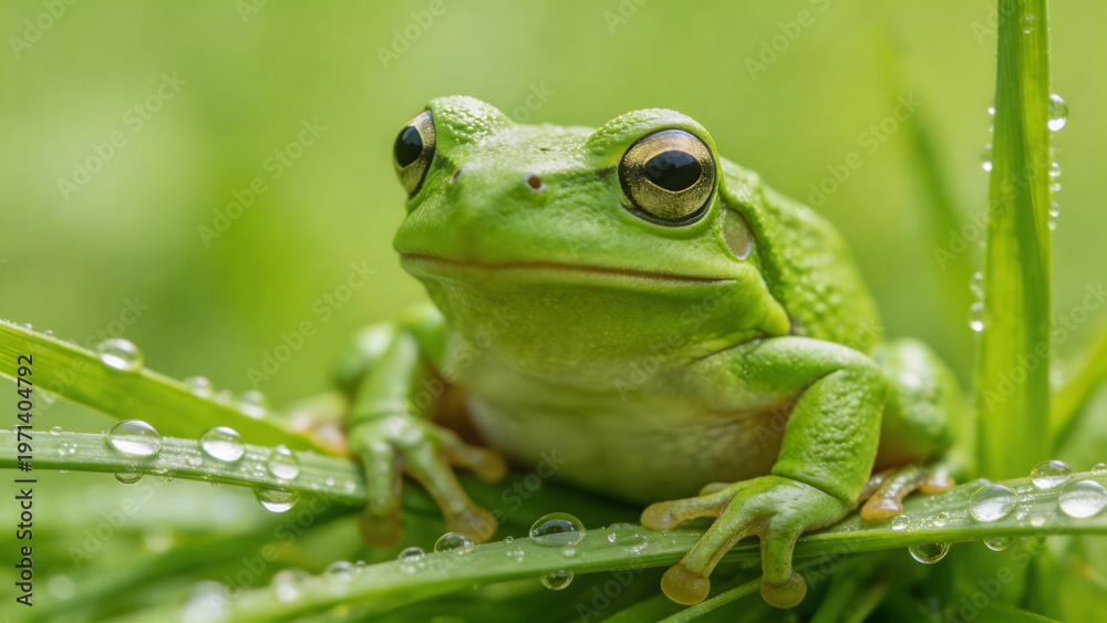 Obraz premium Green frog perched on grass with dew