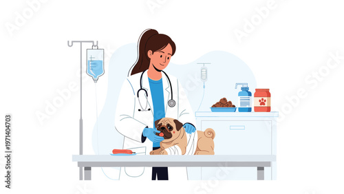 Professional female veterinarian is examining a cute pug dog on a clinic table with medical equipment and pet supplies.