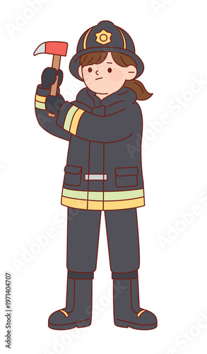 소방 도끼를 들고 있는 여성 소방관 캐릭터 일러스트 Illustration of a Female Firefighter Character Holding a Fire Axe