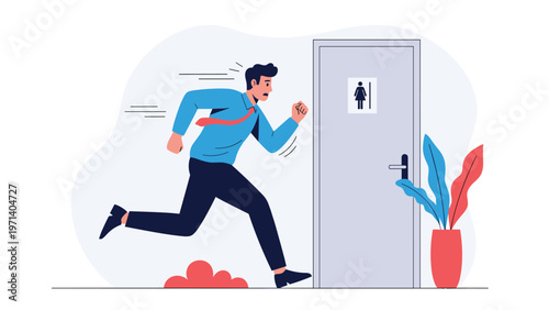 Businessman in a navy suit is running fast towards a restroom door with a female sign during an urgent emergency situation.