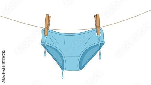 Single pair of blue female underwear is hanging on a clothesline with wooden pegs and dripping with many water drops.