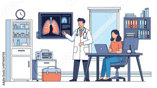 Medical doctor is pointing at a lung x-ray on a monitor while his colleague works on a laptop in a hospital office.