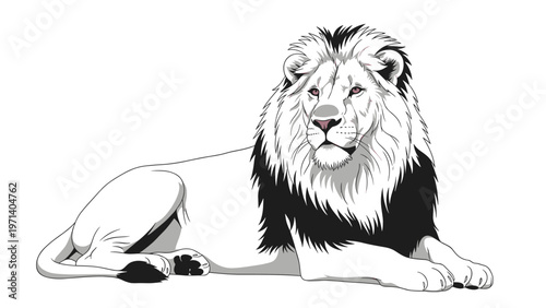 Detailed black and white artistic illustration of a majestic lion lying down with a thick dark mane and calm expression.
