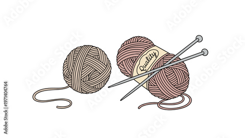 Two balls of brown and beige yarn with a pair of metal knitting needles for a handmade craft or creative hobby project.