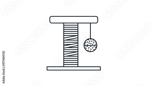 Simple black and white line art illustration of a cat scratching post with a dangling ball toy for domestic pets.