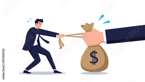 Businessman in a suit is engaged in a tug of war with a giant hand holding a large money bag with a dollar symbol.