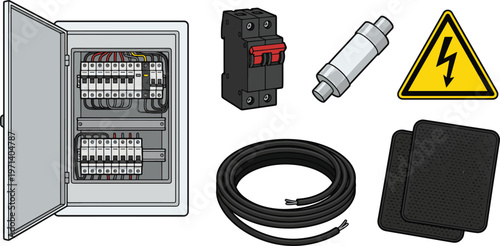 Electrical components and tools are laid out on a surface including a box.