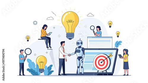 Human businessman and a robot are shaking hands in front of a giant laptop with business targets and idea lightbulbs.