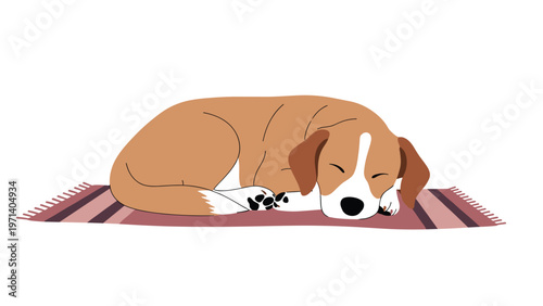 Cute brown and white dog is sleeping peacefully on a colorful striped rug in a simple and charming cartoon style.