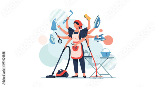 Multi-tasking woman with many arms is holding various cleaning tools like a vacuum iron and mop for housework.