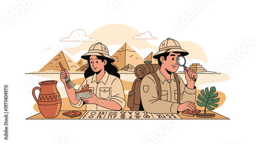 Two professional archaeologists at an ancient Egyptian site are examining artifacts with the pyramids in the background.