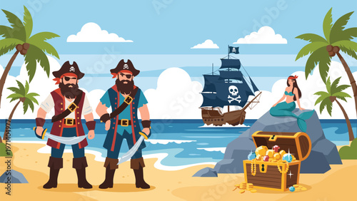Pirate adventure scene on a tropical beach with two pirates, a mermaid, a treasure chest, and a sailing ship.