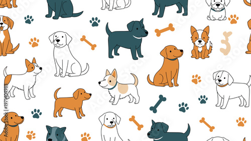 Seamless pattern of various cute dogs bones and paw prints in a fun cartoon style for creative pet products.