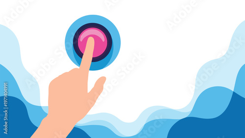 Human hand pressing a large circular pink button on a blue background with abstract wavy water or sky patterns.