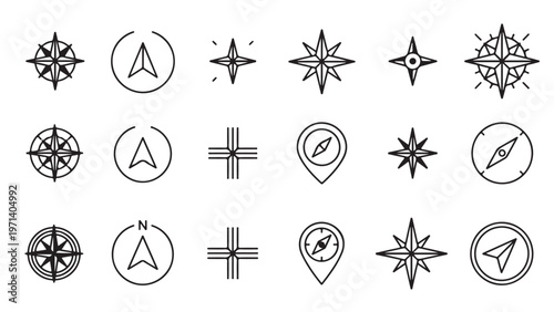 Set of Compass and Navigation Line Icons for Maps, Travel, and Direction