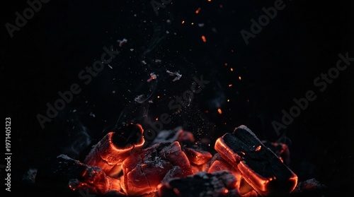 Schilderij op canvas Glowing red hot embers and flying sparks from a dying campfire in the dark