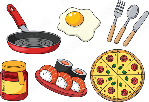 Cooking and food set illustration with frying pan egg pizza sushi and kitchen utensils isolated on white background