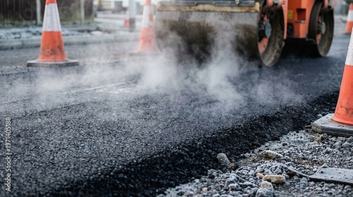 Fotografía Heavy industrial steamroller machine pressing hot, steaming black asphalt during road construction
