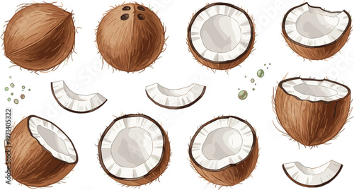 Coconut fruit vector set with whole and sliced pieces tropical food illustration collection isolated on white background