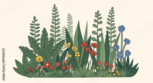 Colorful flowers and green leaves arrangement.