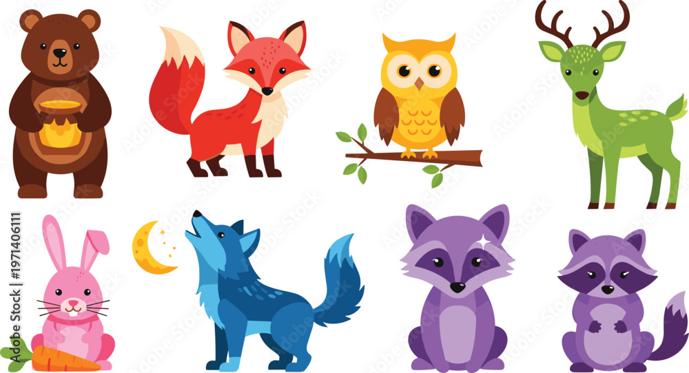Obraz premium Woodland Animal Collection with Bear, Fox, Owl, Deer, Rabbit, Wolf, and Raccoon Illustrations for Nature, Forest, and Wildlife Designs
