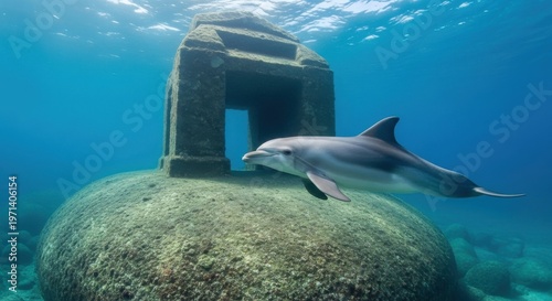 Graceful Dolphin Explores Ancient Underwater Ruins, A Marine Mystery Unfolding