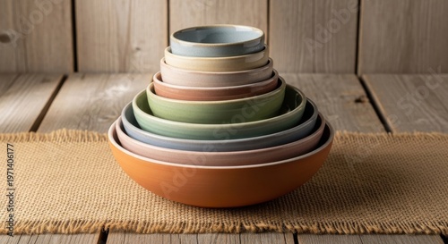 Harmoniously Stacked Ceramic Bowls in Earthy Tones Displayed on a Rustic Wooden Surface with Linen Accent