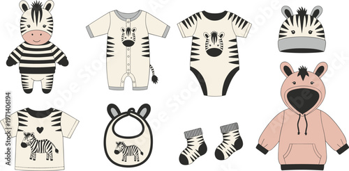 Zebra Baby Clothing and Accessories Set with Onesies, T-Shirts, Socks, Bib, Hat, and Stuffed Toy for Kids Fashion and Nursery Designs