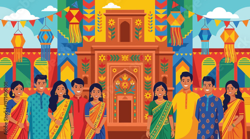 Indian People Celebrating Diwali Festival with Traditional Decorations