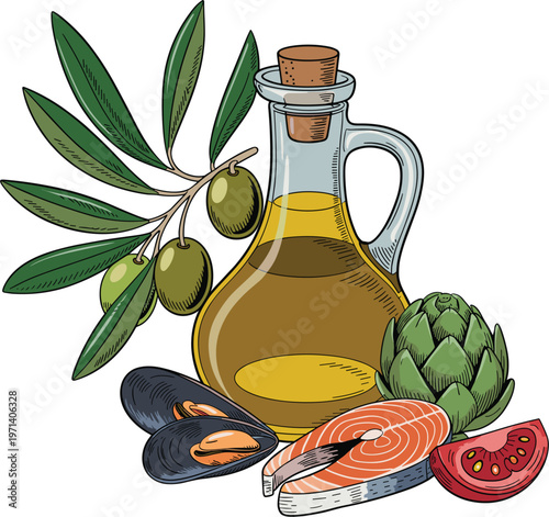 Healthy Mediterranean diet ingredients illustration with olive oil fish mussels artichoke and tomato in detailed food vector design
