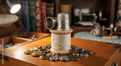 Ornate Silver Thimble Resting on a Wooden Spool Surrounded by Vintage Buttons, Evoking a Sense of Classic Needlework