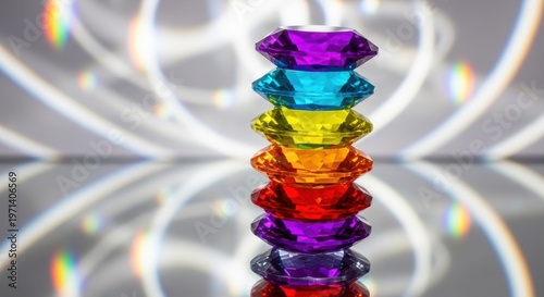 Vibrant Stack of Precisely Cut Faceted Crystal Shapes in Rainbow Colors