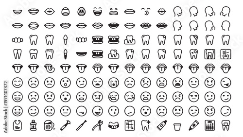Extensive Collection of Line Art Icons Featuring Lips, Teeth, Faces, and Dental Tools