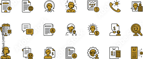 Recruitment and hiring process line icon set with resume screening candidate selection interview job application HR management vector