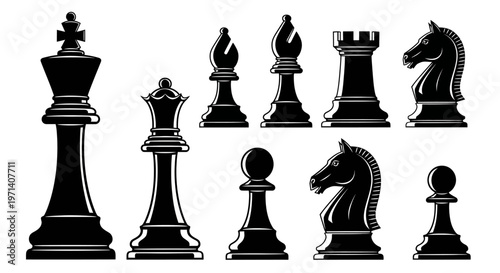 Black chess pieces on white background.