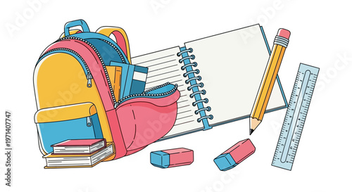 School Backpack and Supplies Illustration.