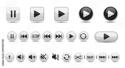 Media player control buttons icons set.