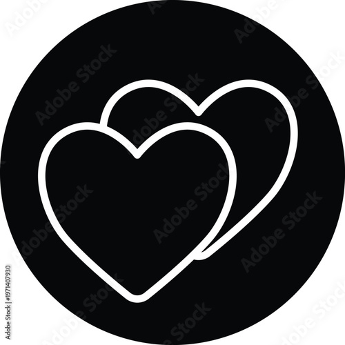 Double love hearts icon white line art on black circle background vector outline symbol