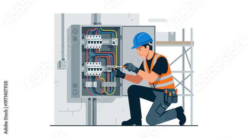 Professional Electrician Technician in Safety Gear Repairing Electrical Panel with Circuit Breakers and Wiring, Modern Flat Vector Illustration for Industrial Maintenance Service.