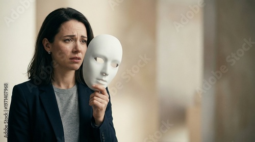Woman in suit removes a white mask revealing deep sadness. Concept of emotional burnout, imposter syndrome, and corporate mental health struggles. Professional psychological portrait.