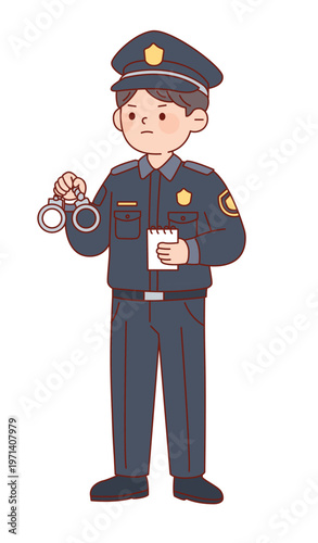 수갑과 수첩을 들고 있는 남성 경찰관 캐릭터 플랫 일러스트 Male Police Officer Holding Handcuffs and a Notepad Character Illustration