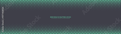 Modern boho scales halftone pattern horizontal border ultra wide 32:9 aspect ratio mint green vector abstract background. Scale half tone ultrawide panoramic format fancy graphic abstraction