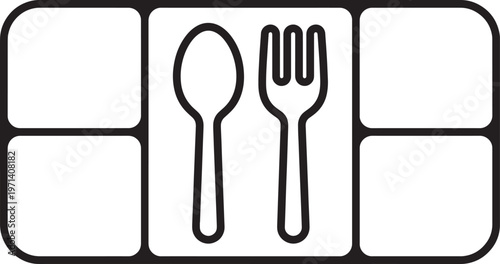 Outline icon of a food tray with divided compartments, representing meal portions, catering, school lunch, or food service.